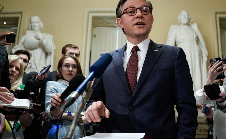 U.S. Speaker of the House Mike Johnson speaks to the press after the House passed a major aid package for Ukraine, Israel, and Taiwan and also voted to ban TikTok at the US Capitol in Washington, DC, on April 20, 2024. (Photo by Drew ANGERER / AFP) (Photo by DREW ANGERER/AFP via Getty Images)