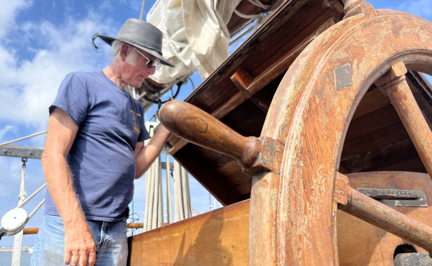 Captain Don Johnson stands next to the wheel aboard the Bill of Rights schooner, Apr. 1, 2026.