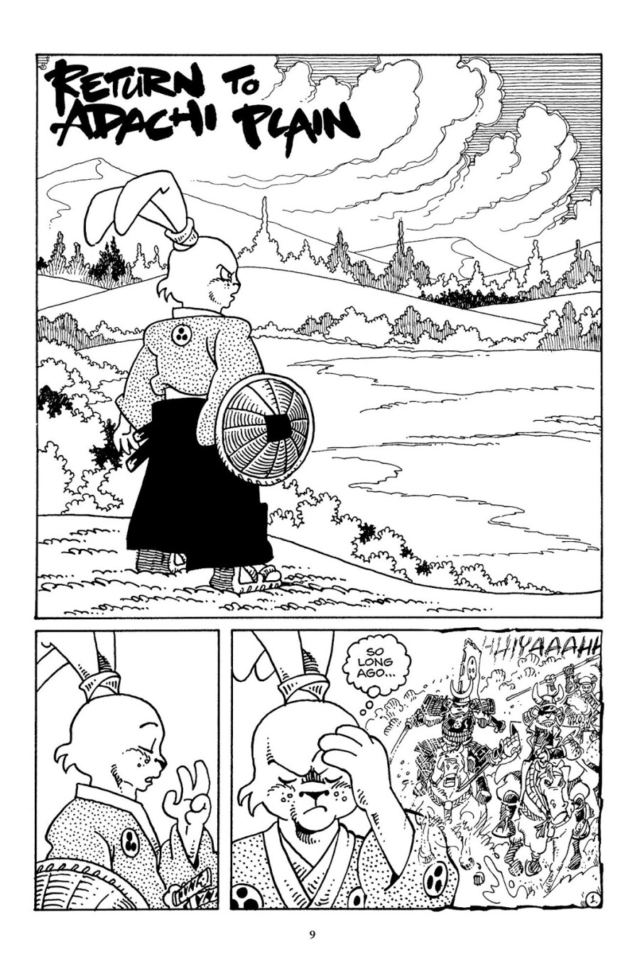 A sample page from Stan Sakai's "Usagi Yojimbo" in which he uses Japanese style caligraphy.