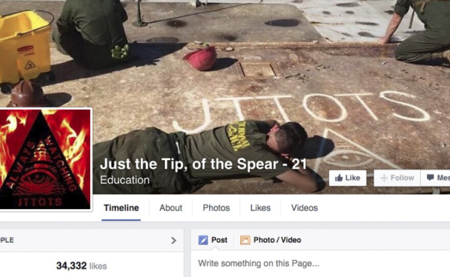 This Nov. 19 screenshot shows the cover photo of an unofficial Marine group on Facebook called "Just the Tip, of the Spear." The group and those like it have been accused of promoting sexism and of acting as a forum for hate speech.