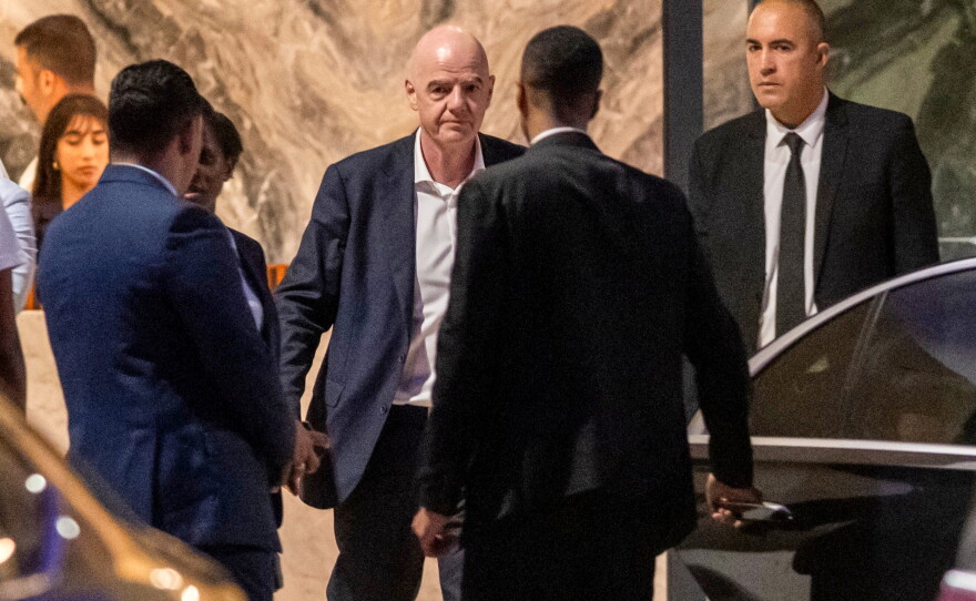 FIFA president Gianni Infantino leaves after attending a Women AFCON 2026 soccer match between Malawi and Zambia, in Rabat, Morocco, Wednesday, Aug. 5, 2026.