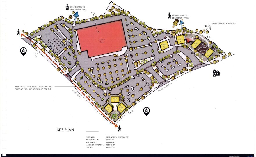 An aerial rendering of Costco's plans for a new location at the corner of Camino Del Sur and Carmel Valley Road shows a warehouse, retail shops and standalone restaurants at the 27-acre site.