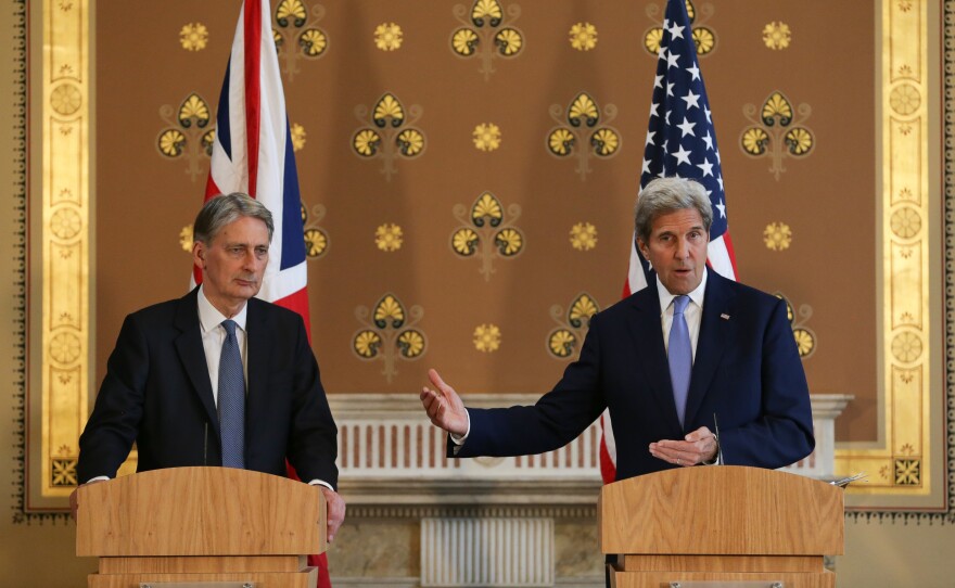 U.S. Secretary of State John Kerry, right, holds a joint press conference Monday with British Foreign Secretary Philip Hammond after their meeting at the Foreign and Commonwealth Office in London.