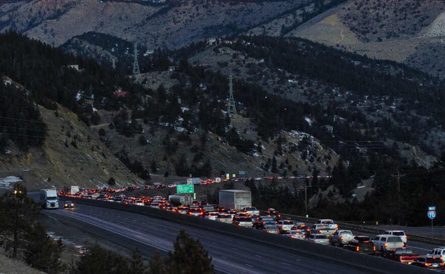 Interstate 70 west of Denver is backed up with ski traffic on Jan. 18. Coloradans make this powder pilgrimage every weekend, and traffic has gotten worse.