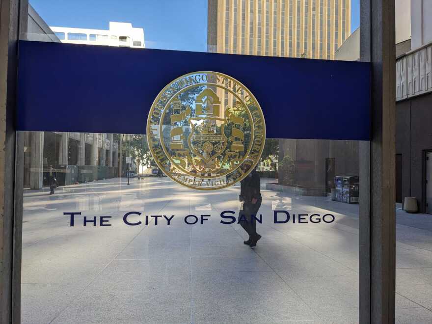 The city of San Diego seal is shown outside city hall in San Diego, Calif. Jan. 24, 2023.