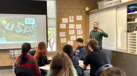 Albert Contreras teaches government and economics to 12th-grade students at High Tech High North County, San Marcos, Calif., November 15, 2022. 