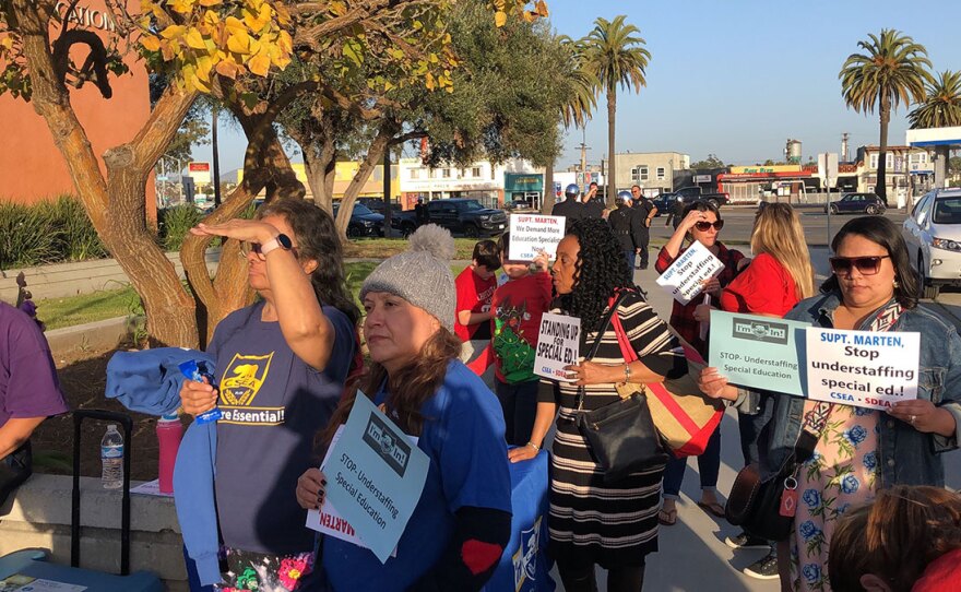 Special education teachers and support staff protest at the San Diego Unified School District Office on Feb. 11, 2020.