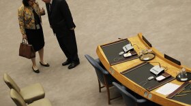 Brazil's U.N. ambassador, Maria Ribeiro Viotti (left), speaks with Turkish Ambassador to the U.N. Ertugrul Apakan after a June 9 Security Council vote to impose more sanctions on Iran for its suspect nuclear program. Brazil and Turkey voted against the resolution.