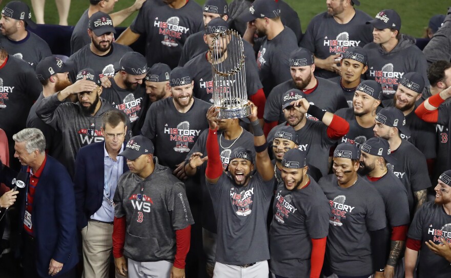 The Boston Red Sox celebrate their 5-1 victory over the Los Angeles Dodgers in Game 5 to win the 2018 World Series at Dodger Stadium on Sunday night.