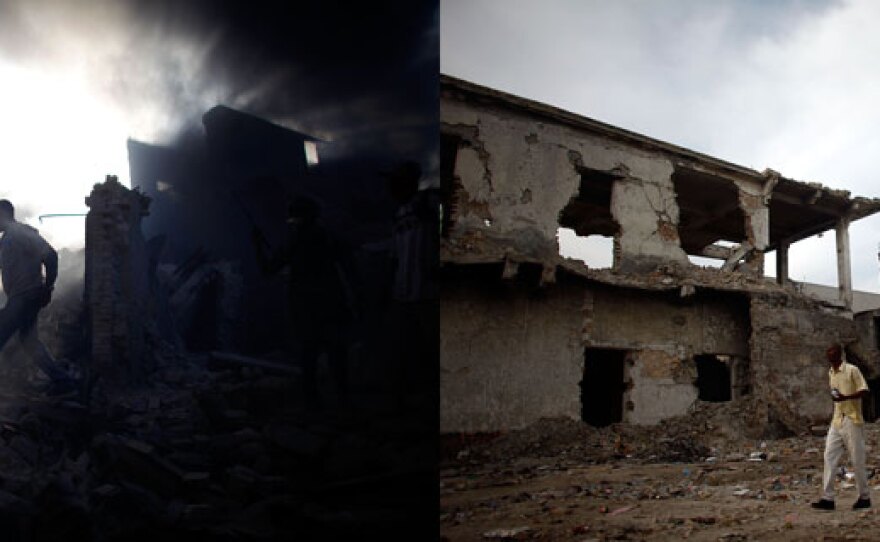 A year after Haiti's damaging earthquake, this collapsed building in downtown Port-au-Prince is gone, one of the few to have been removed.