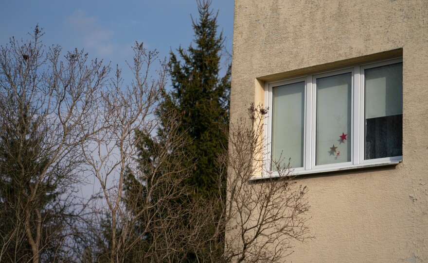 Stickers are seen on a window of an SOS Children's Village, where Ukrainians are staying, in Bilgoraj, Poland.