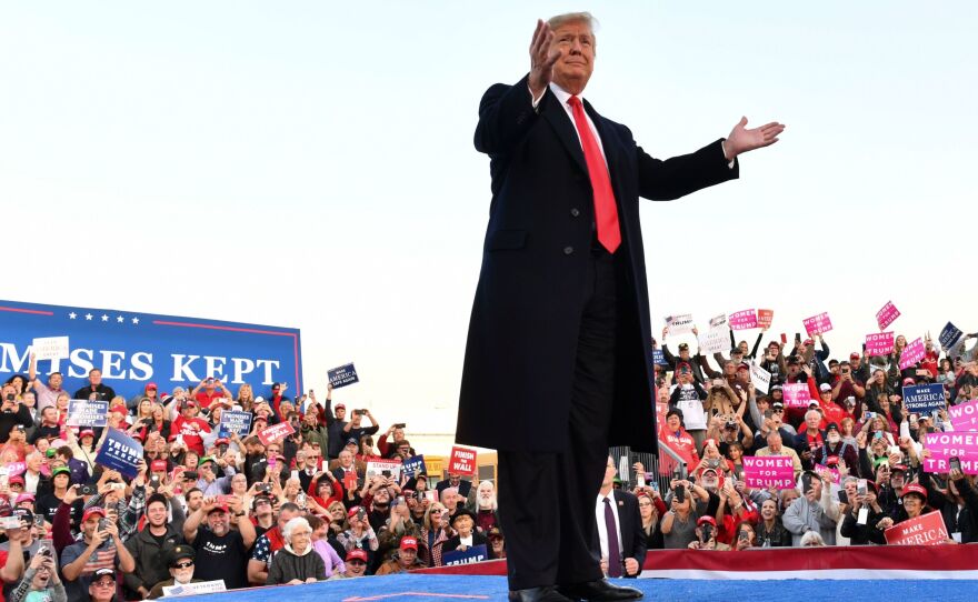 President Trump arrives to speak at an election rally in Murphysboro, Ill., on Oct. 27. He is doing a slew of events leading up to Election Day.