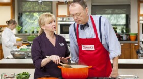 Test cook Bridget Lancaster in the kitchen with host Christopher Kimball.