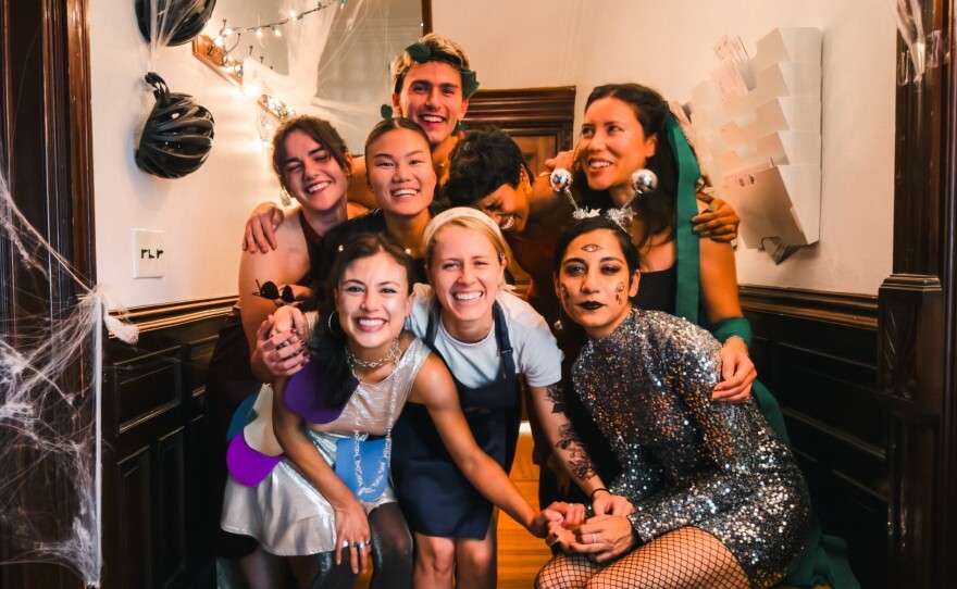 Sindhu Gnanasambandan at a Halloween party with her housemates at their group house in Crown Heights, N.Y., in October 2023. Top left to right: Katie Maurer, Hannah Dugan, Stacey Reimann, Gnanasambandan, Chloe Sigal Bottom left to right: Tara Pham, Alli Gabbert, Ashrita Shetty.