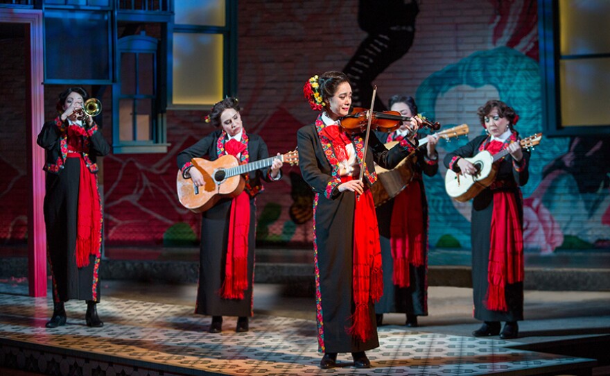 From left to right, Amanda Robles, Heather Velazquez, Jennifer Paredes, Natalie Camunas, and Crissy Guerrero during a rehearsal for the play, "American Mariachi," in an undated photo.