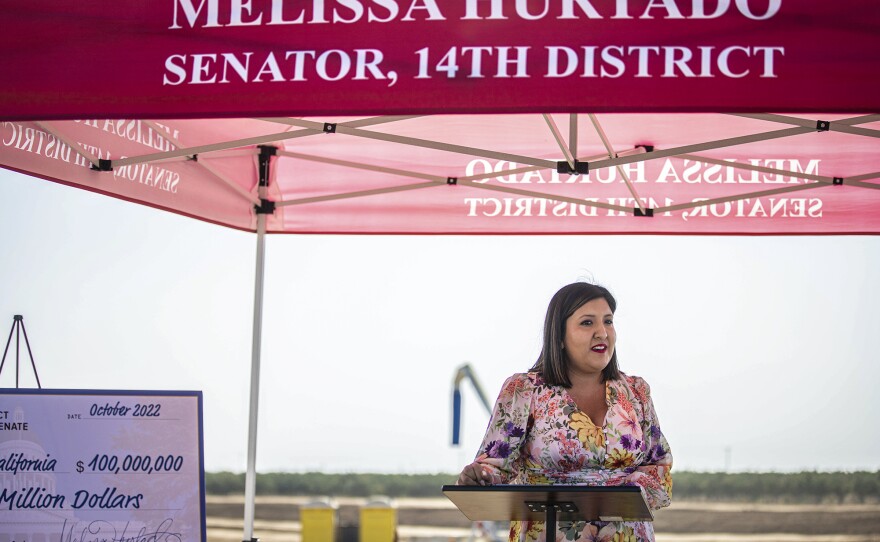 Senator Melissa Hurtado speaks at a press conference where she presented a $100 million check to repair The Friant-Kern Canal near Terra Bella on Oct. 14, 2022. Hurtado is the incumbent candidate running in the general election for California State Senate District 16.