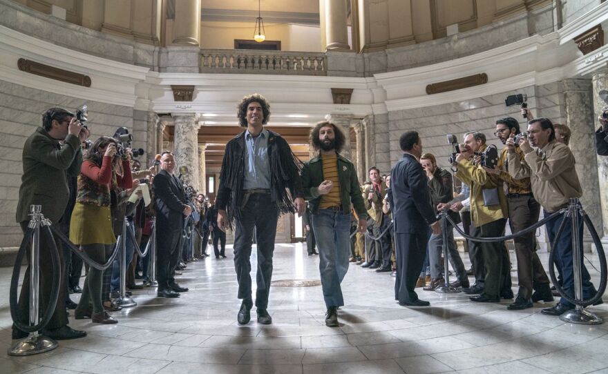 Abbie Hoffman (Sacha Baron Cohen) and Jerry Rubin (Jeremy Strong) at "The Trial of the Chicago 7."