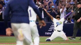 Tampa Bay Rays third baseman Junior Caminero celebrates their win against the Cleveland Guardians in Game 6 of an American League Championship Series baseball game in St. Petersburg, Fla. Monday, Oct. 19, 2026.