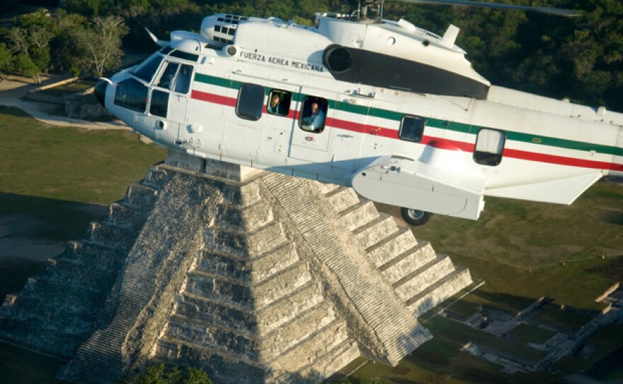 Peter Greenberg and President Felipe Calderon in his helicopter over Mexico during the filming of "Mexico: The Royal Tour."