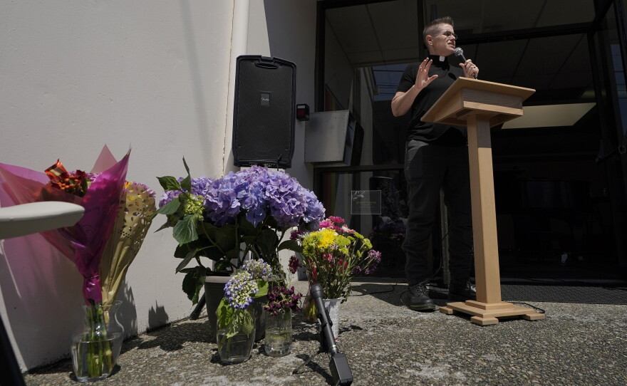 The Rev. Lara Crutsinger-Perry speaks at a memorial service for Barnett Moss, who died during a record-shattering heat wave in the Pacific Northwest in 2021. The death count disparities from heat waves are particularly large. Heat waves are by far the deadliest type of extreme weather and are the most closely linked to climate change.