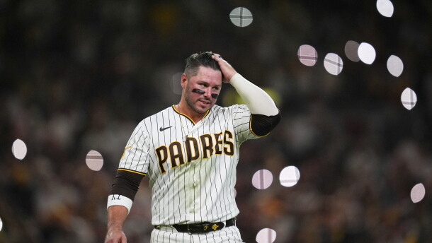 San Diego Padres' Ty France reacts after he was forced out by Milwaukee Brewers second baseman Brice Turang during the sixth inning in Game 4 of baseball's National League Division Series Wednesday, Oct. 7, 2026, in San Diego.