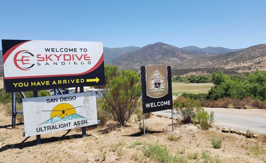 A sign at Skydive San Diego, Jamul, Calif. July 19, 2020.