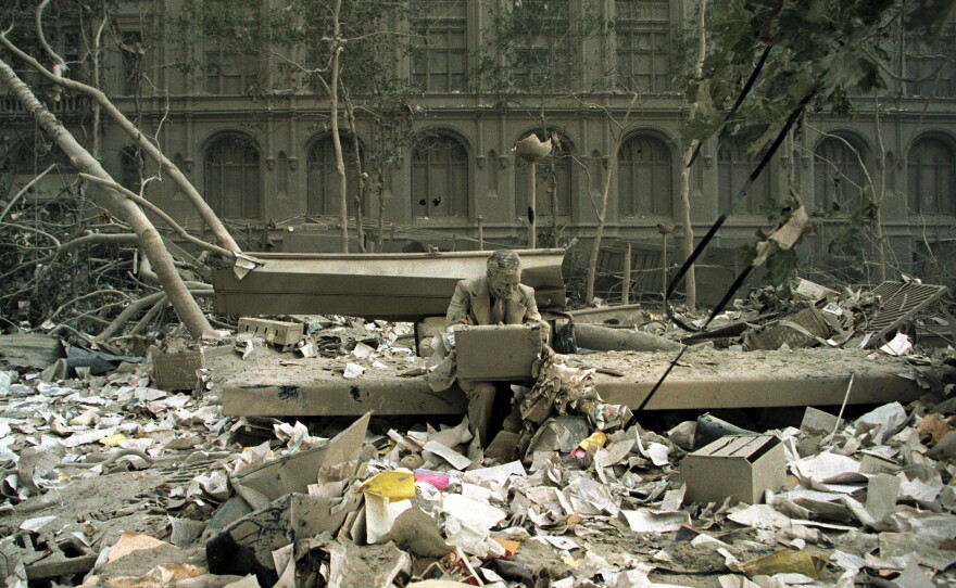 Liberty Plaza, near the World Trade Center, is left covered in dust and debris on Sept.11, 2001.
