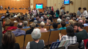 A standing-room only crowd at San Diego City Hall for a City Council meeting on whether the city needs to instute regulations for short-term vacation rentals. April 22, 2015. 