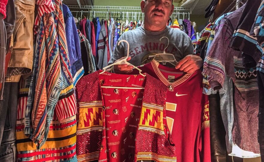 Skeeter Bowers's closet is stuffed with handmade patchwork attire, including variations on FSU's garnet-and-gold colors. The Nike-made Seminoles football jersey features (with permission by the tribe) symbols for Man on Horse, Arrow, and Fire, alluding to the "Tradition of Tribute" when, before each game, "Osceola" throws a flaming lance toward the 50-yard line while on horseback.