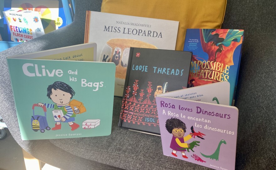 A spread of children's book titles are seen in this photo from Dec. 13, 2024 in Joyride Bookshop.