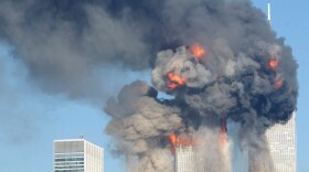 A fiery blasts rocks the World Trade Center after being hit by two planes September 11, 2001 in New York City.