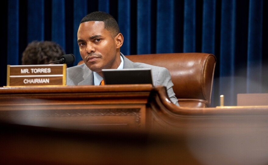 FILE - Rep. Ritchie Torres, D-N.Y., listens during a House committee on homeland security hearing addressing threats to election security at the Capitol in Washington, Wednesday, July 20, 2022.