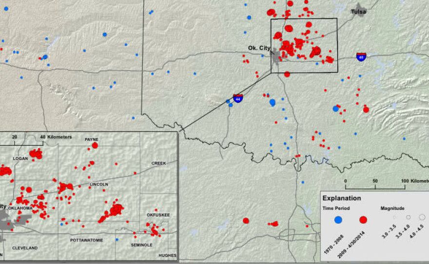 A map showing seismic activity in Oklahoma since 1970.