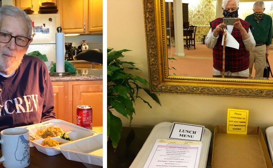 Left: Margaret's husband, Dan, with a takeaway meal on April 6. Right: The masked couple inspecting menus on April 21; meals must be ordered two days in advance, and are now delivered to each resident, to limit contact.