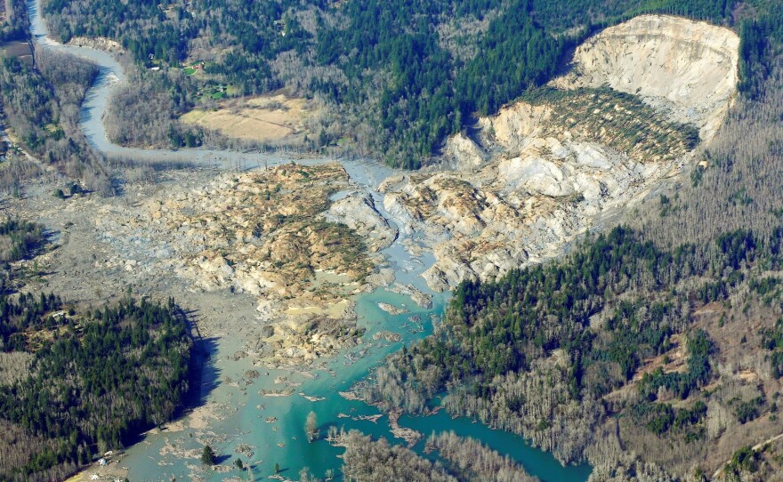 The massive mudslide that killed more than a dozen people is shown in this aerial photo taken Monday near Arlington, Wash.
