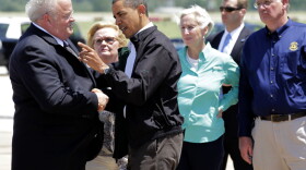 Rep. Billy Long talks with President Obama after arriving in Joplin, Mo., to visit tornado victims. The Tea Party freshman has faced criticism over his efforts to get federal aid for his Missouri district, which includes Joplin.