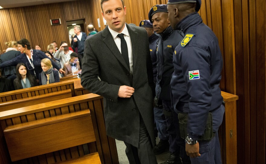 Paralympian athlete Oscar Pistorius, accused of the murder of his girlfriend Reeva Steenkamp, arriving at a court in Pretoria, South Africa, for a hearing in July 2016. The athlete will be released for parole in January.