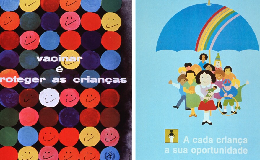 These two Portuguese language posters are pro-inoculation. The one at left, produced in 1977, says, "Vaccinate and protect the children." The one at right, from '87, sends a similar message, noting that vaccination offers an opportunity for every youngster.
