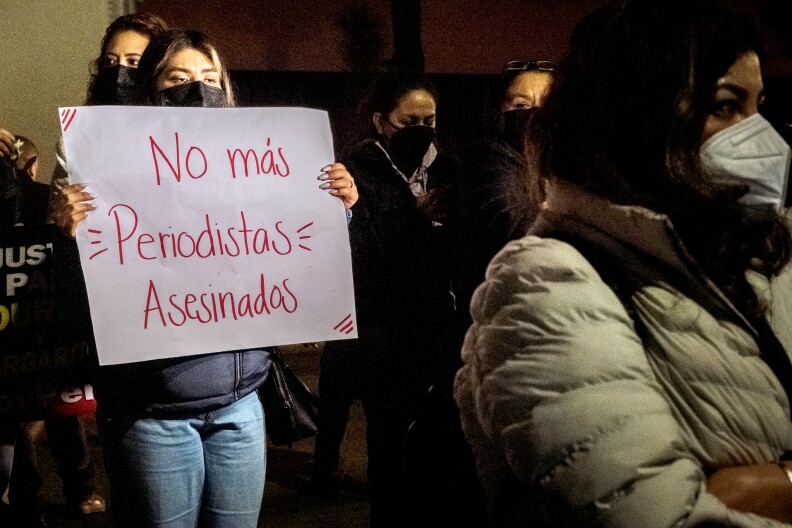 Hundreds of protesters rallied at the Mexican federal prosecutors office in Tijuana demanding the killings of Mexican journalists be stopped. This sign reads "No more journalists murdered", January 25, 2022.