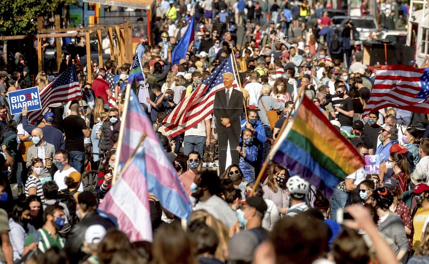 SAN FRANCISCO: Hundreds people gather in San Francisco's Castro district to celebrate the victory of President-elect Joe Biden and Vice President-elect Kamala Harris on Saturday, Nov. 7, 2020.
