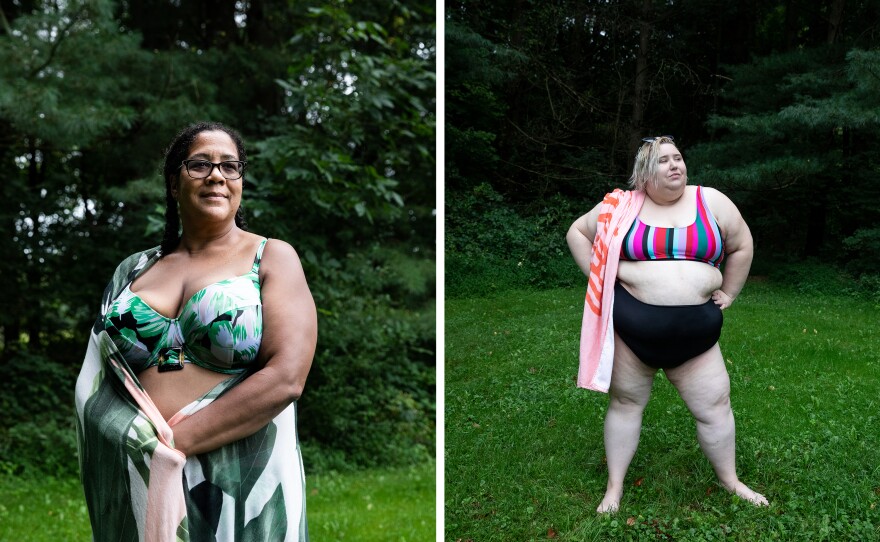 Teri Collins from Columbus, Ohio, and Alyssa Gully from northern Kentucky, pose for photos at Camp Roundup. "I could have spent the entire time at camp in the pool," Collins said, explaining how nice it was, "seeing all the women, all the different body types, wearing their suits proudly and looking fly in them."