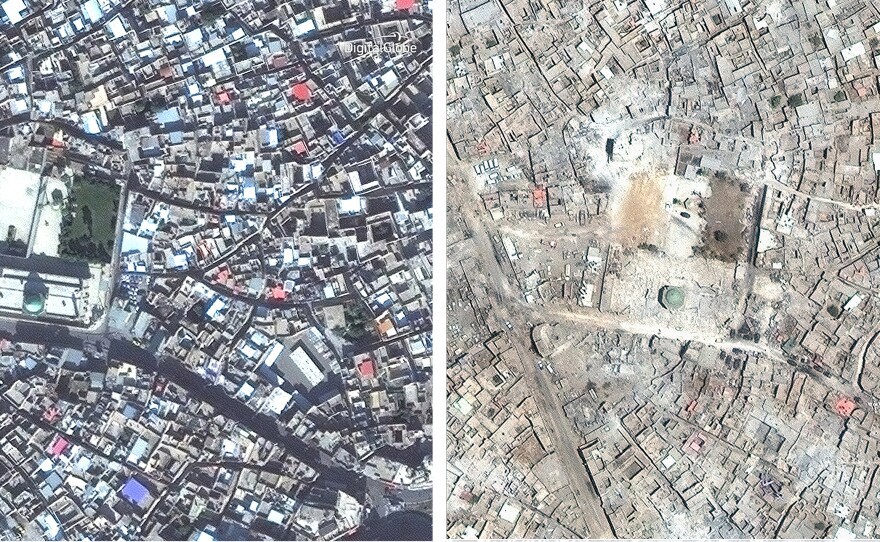 Satellite images show the 12th century Great Mosque of al-Nuri in November 2015 (left) and July 2017 after it was destroyed by ISIS.