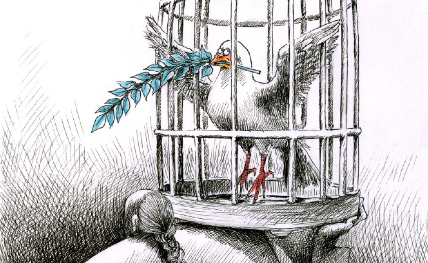 Newspaper cartoonist Kuang Biao publishes some of his more provocative images online, where there is relatively more freedom of expression. This cartoon refers to Liu Xiaobo, winner of the 2010 Nobel Peace Prize and political activist, who was barred from accepting his award and remains imprisoned in China.