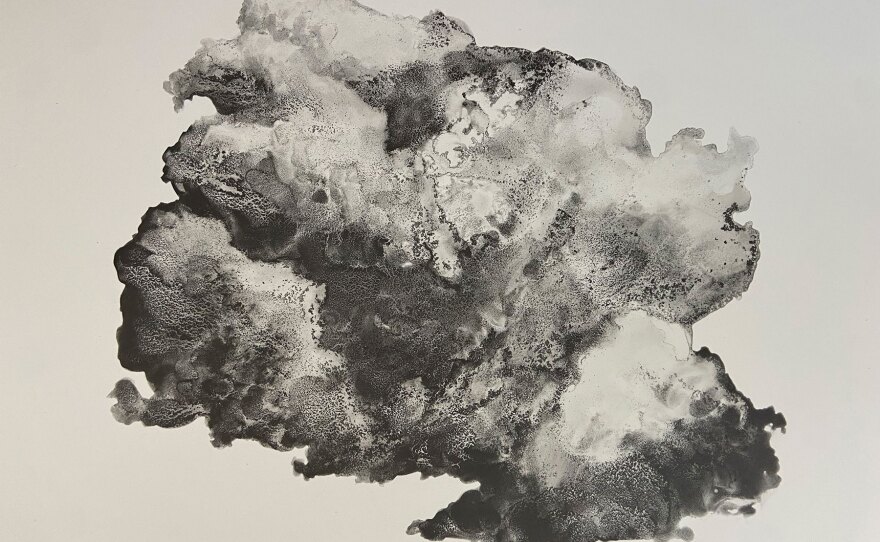 "9:13pm" is a 2022 work of graphite and charcoal on polypropylene paper by artist Tatiana Ortiz-Rubio.