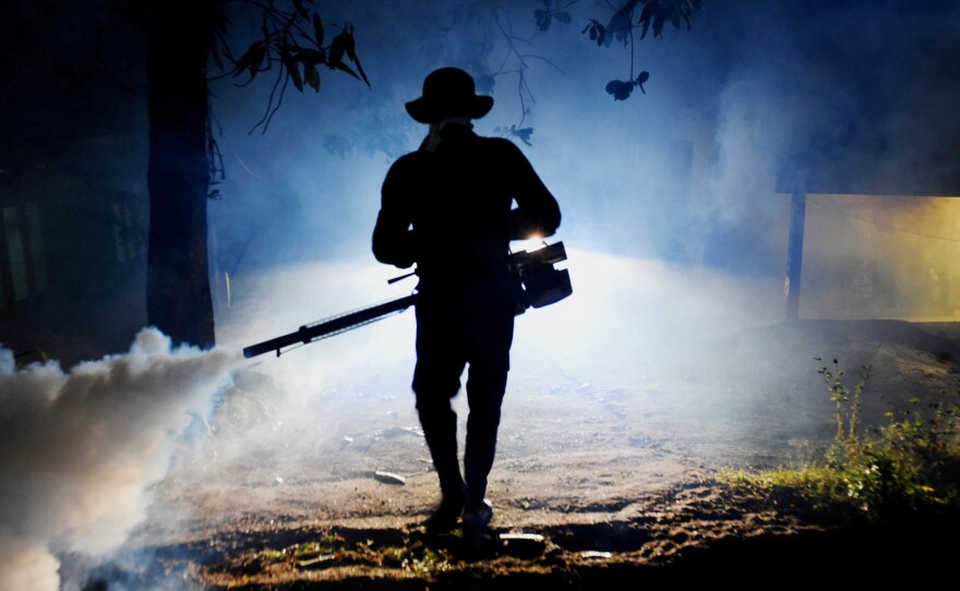 A worker fogs a neighborhood on the outskirts of Colombo in Sri Lanka in an effort to ward off mosquitoes. The country is facing an outbreak of dengue fever, a mosquito-borne disease.