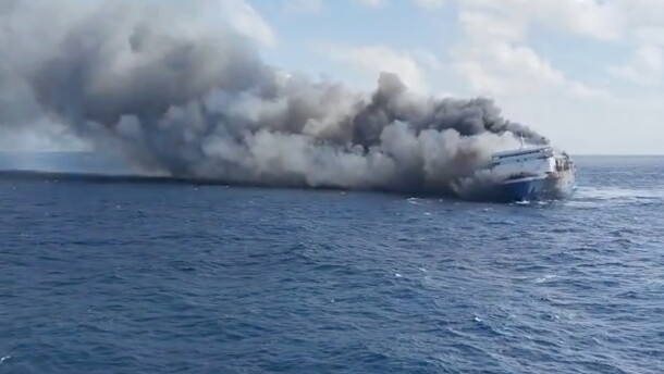 In this photo made from video released by the Indonesian National Search and Rescue Agency (BASARNAS) on Sunday, Aug. 2, 2026, smoke billows from passenger ship Mutiara Santosa 2 after it caught fire in the waters off Madura Island, Indonesia.