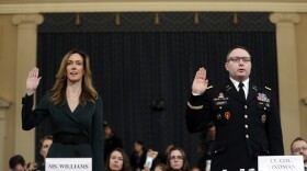 Jennifer Williams, an aide to Vice President Mike Pence, left, and National Security Council aide Lt. Col. Alexander Vindman, are sworn in to testify before the House Intelligence Committee on Capitol Hill in Washington, Tuesday, Nov. 19, 2019. 