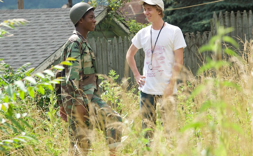 R.J. Cyler and Thomas Mann as Earl and Greg on the "set" of their film, "Box O' 'Lips Wow" in the new indie film, "Me and Earl and the Dying Girl."