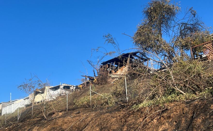 A burnt mobile home at the Cochis Fire in Lakeside, Sept. 8, 2025.