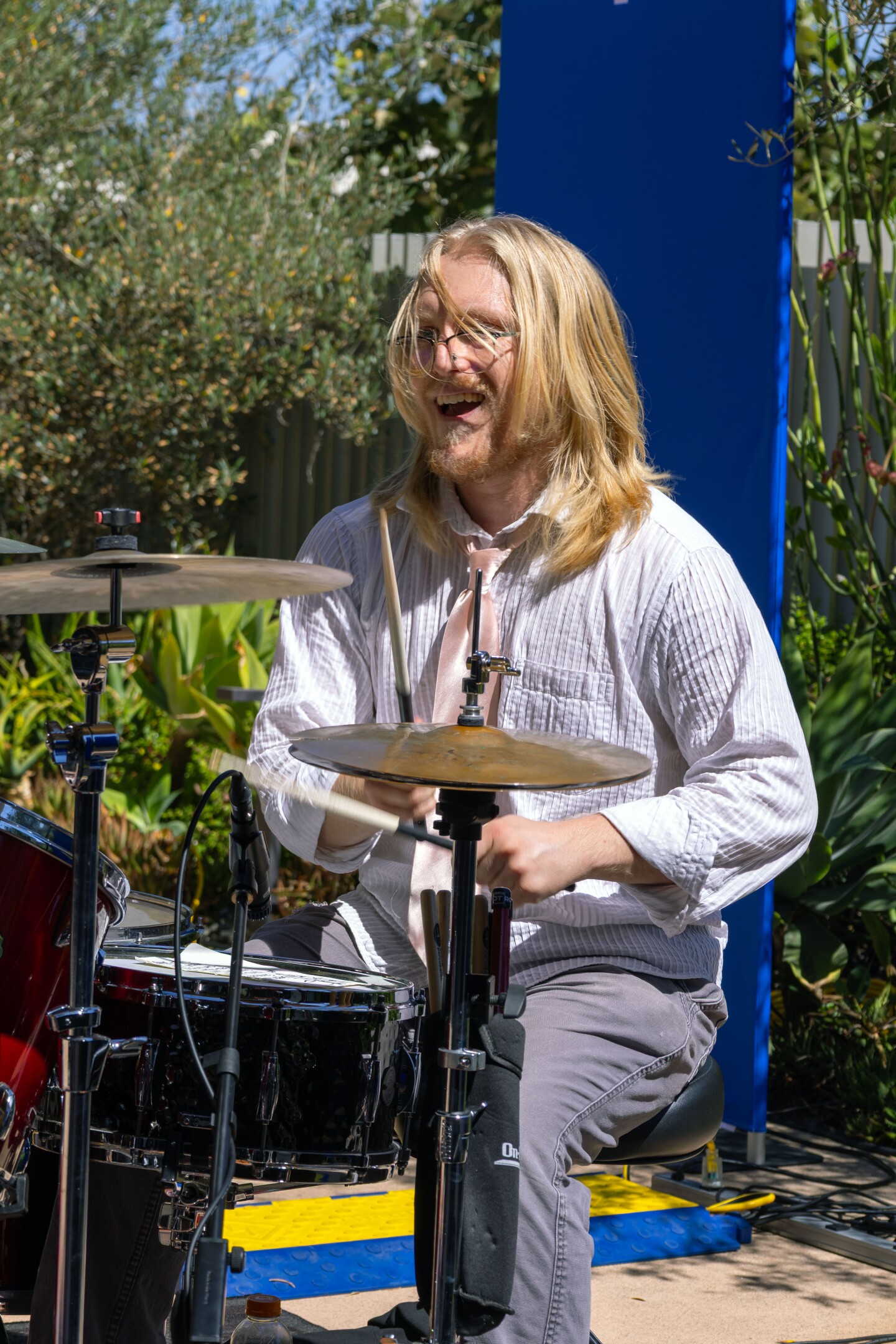 Sam Hockaday, Slacker's drummer, performs at KPBS in San Diego on Oct. 1, 2025.